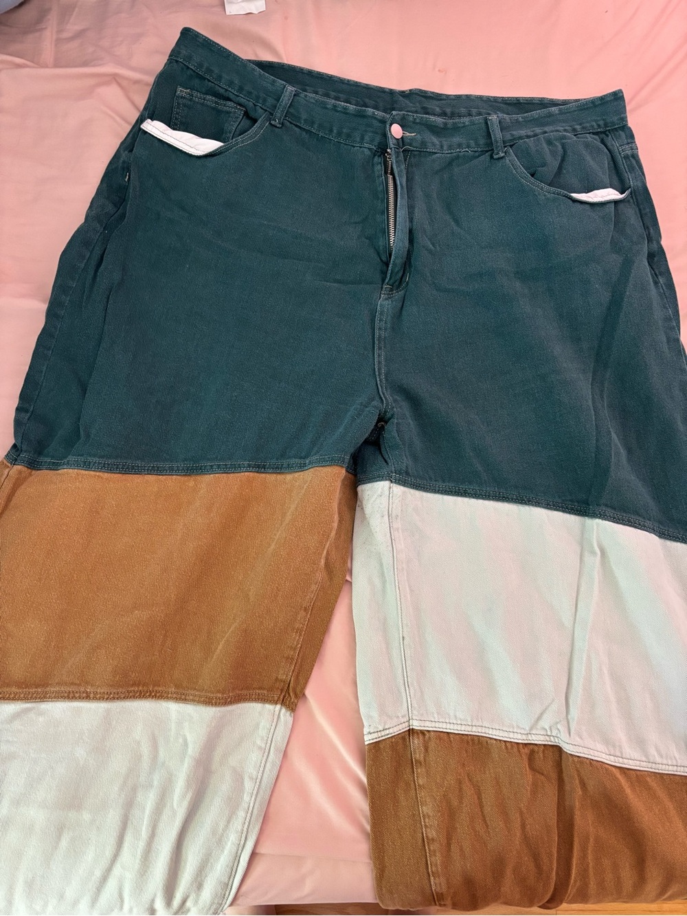 Colorblock Wide-Leg Patchwork Jeans - Teal, Brown & Ivory